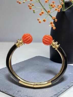 Lux French Designer Vibes 18k Gold Plated Onyx Enameled Coral Melonball Bracelet
